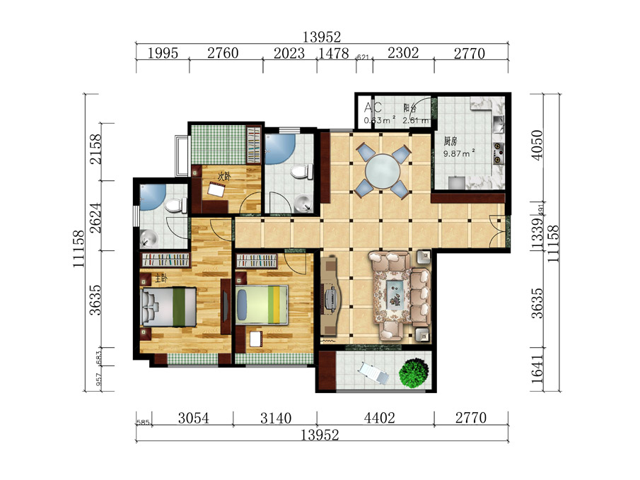 現代簡約三室兩廳150平米全屋定制效果圖|方案 室內平面圖2D